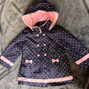 London Fog fleece lined coat 2T navy blue with pink polka dots